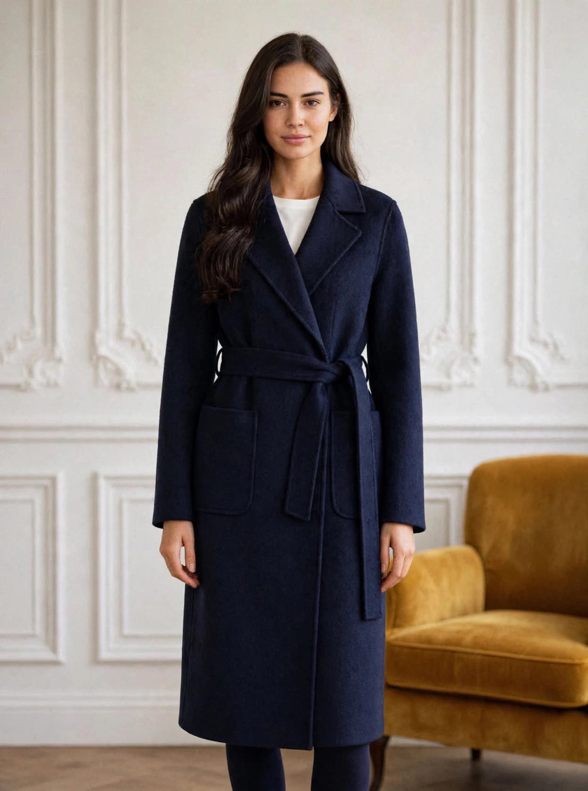 Navy blue wrap coat with belt