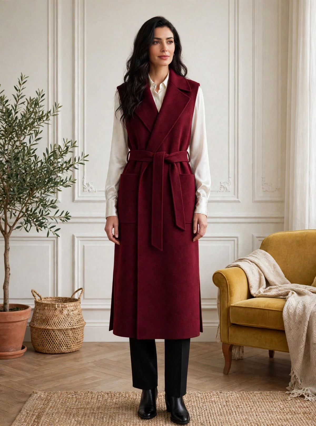 Burgundy sleeveless wrap coat with belt