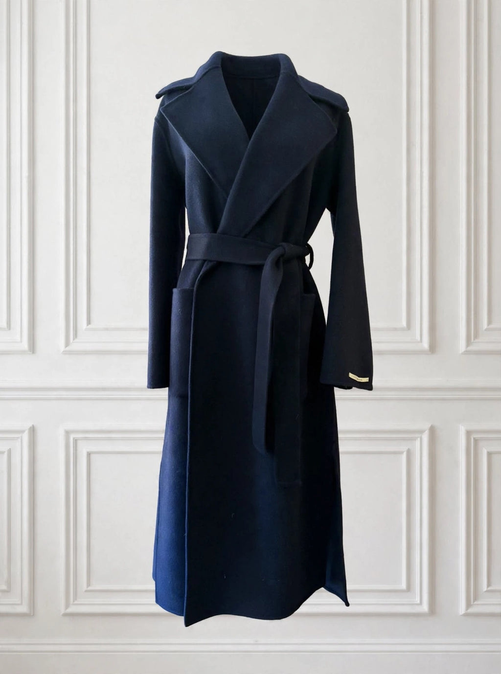 Navy blue wrap coat with belt