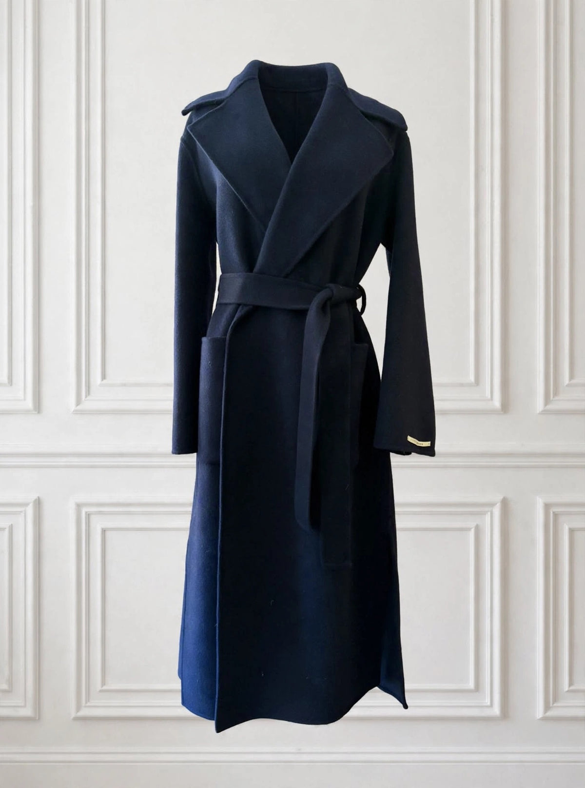 Navy blue wrap coat with belt