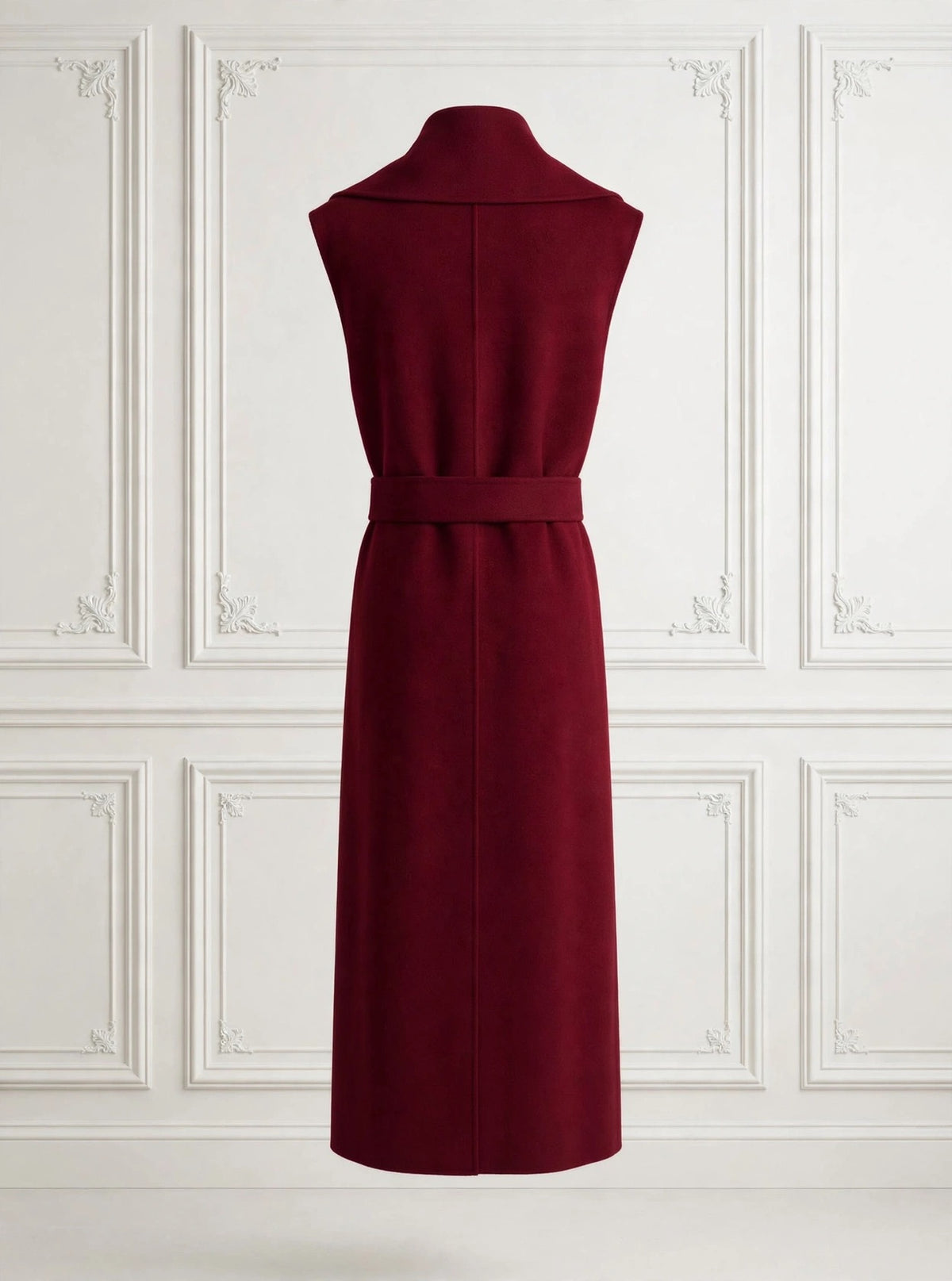 Burgundy sleeveless wrap coat with belt