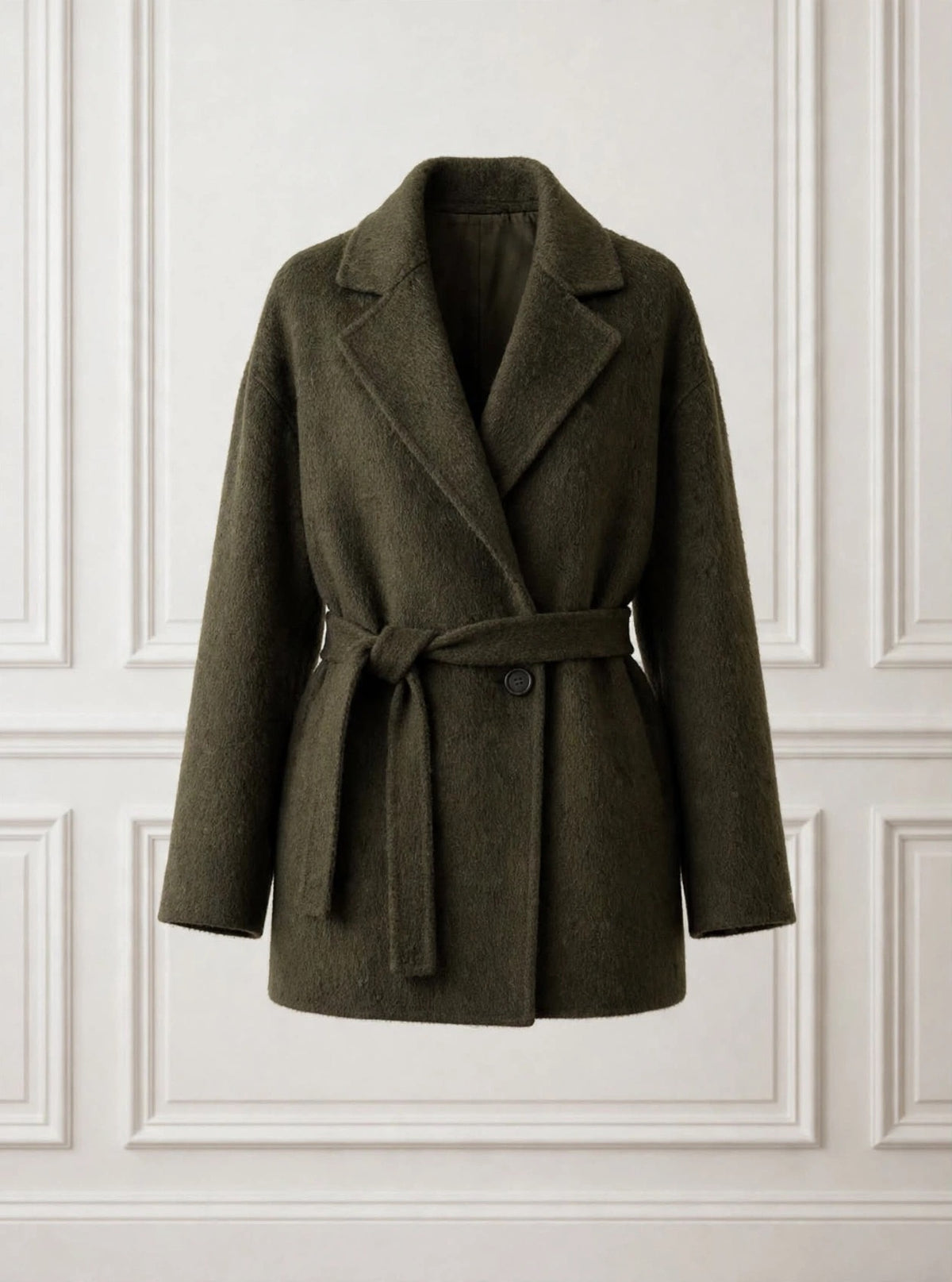 Olive short green wrap coat with belt