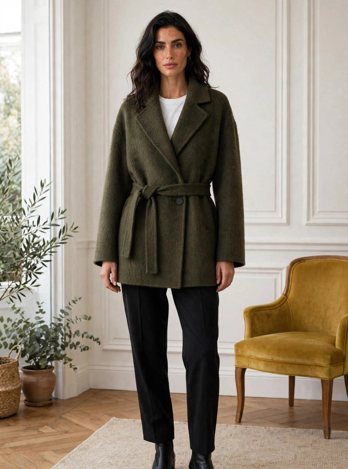Olive short green wrap coat with belt
