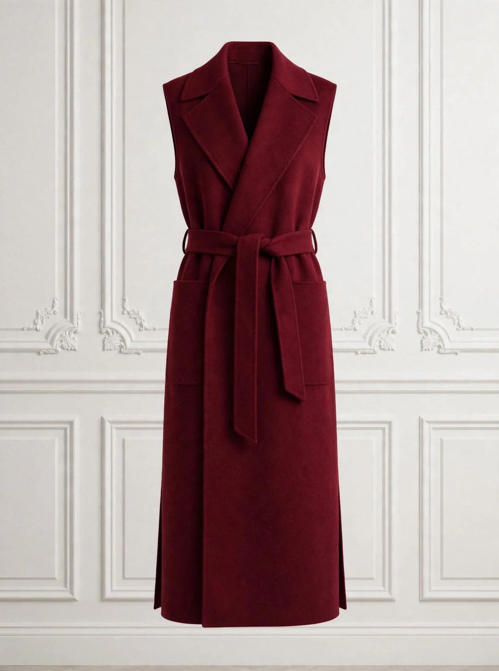 Burgundy sleeveless wrap coat with belt