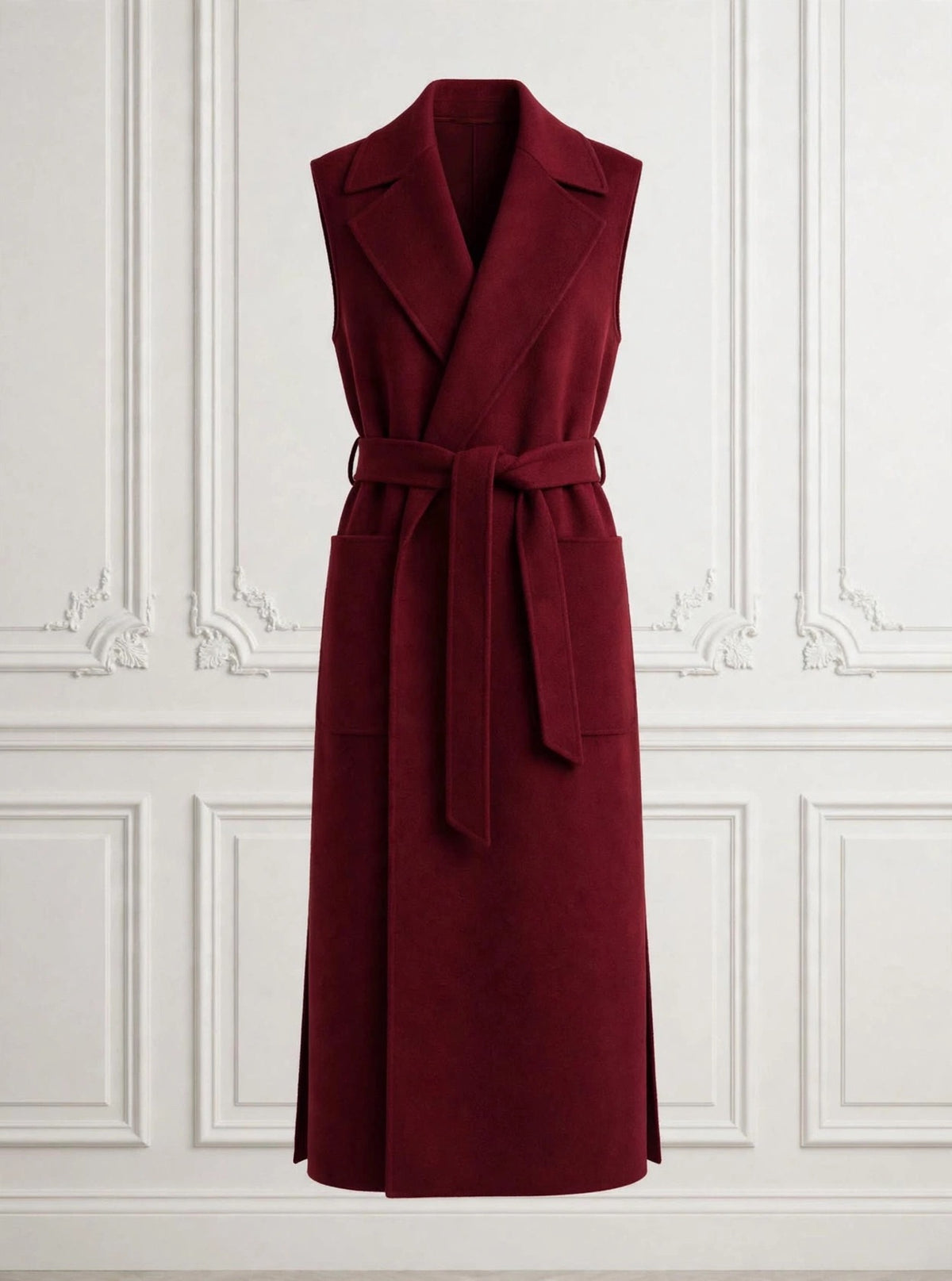 Burgundy sleeveless wrap coat with belt