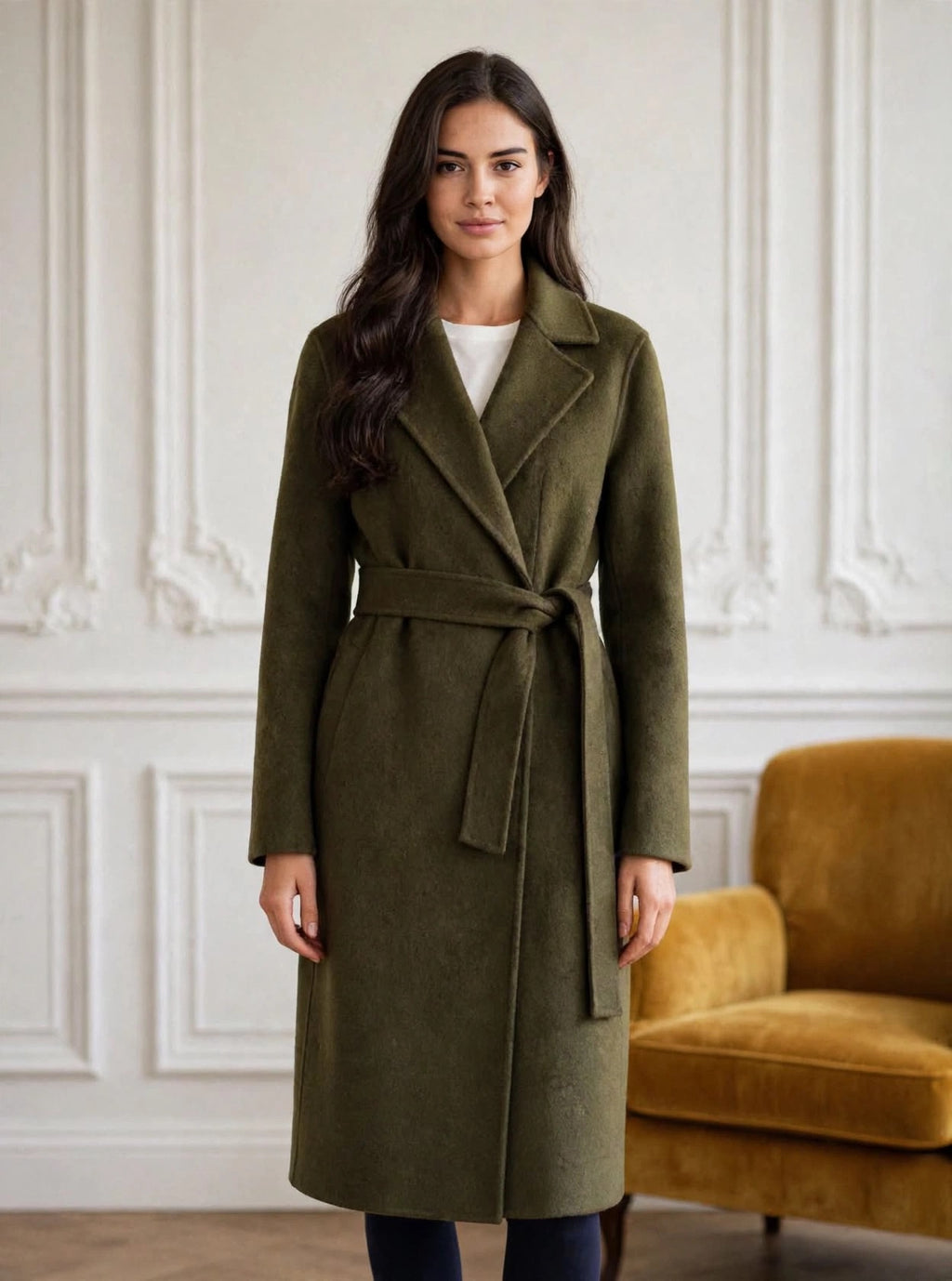Olive green wrap coat with belt