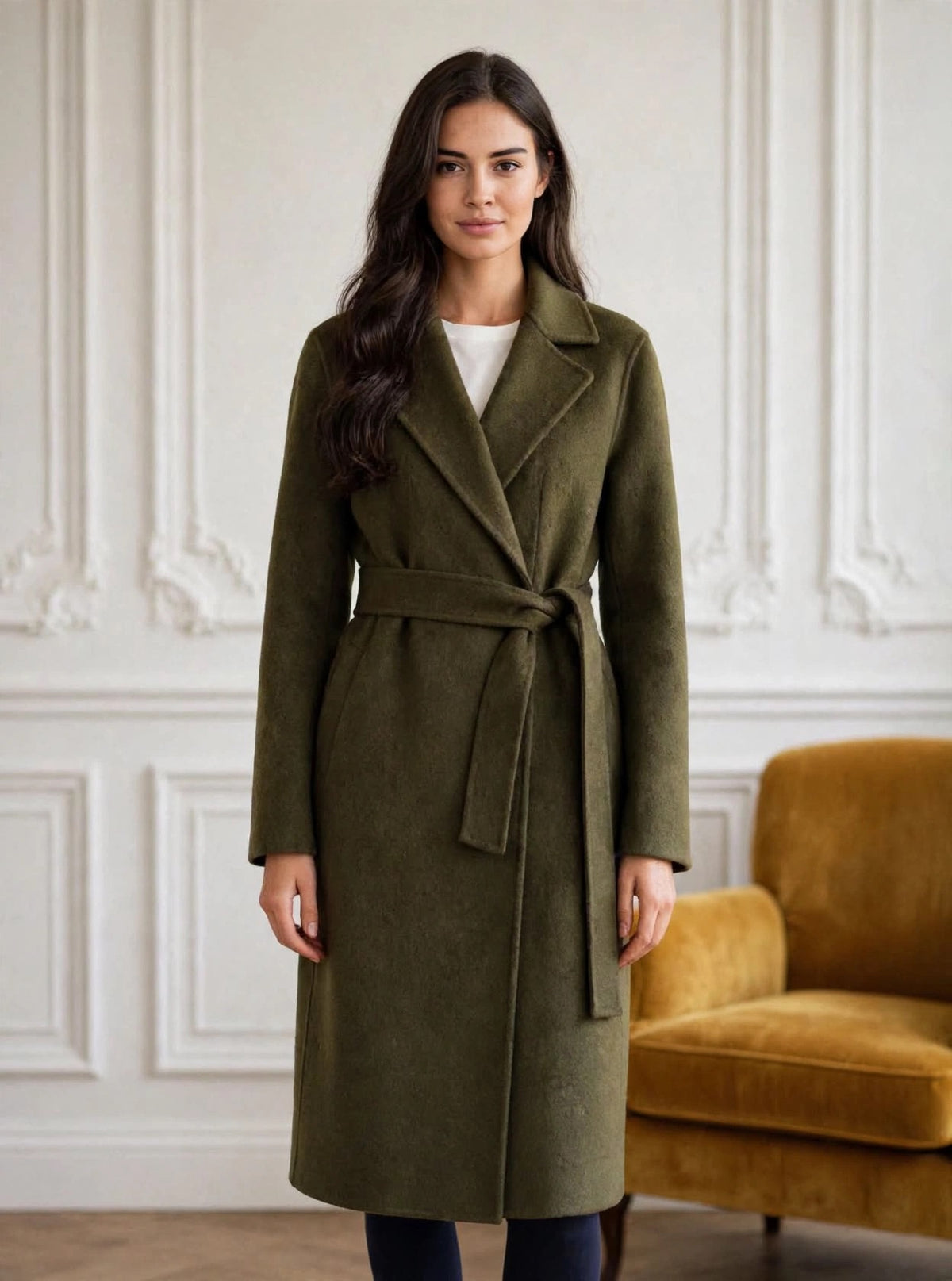 Olive green wrap coat with belt