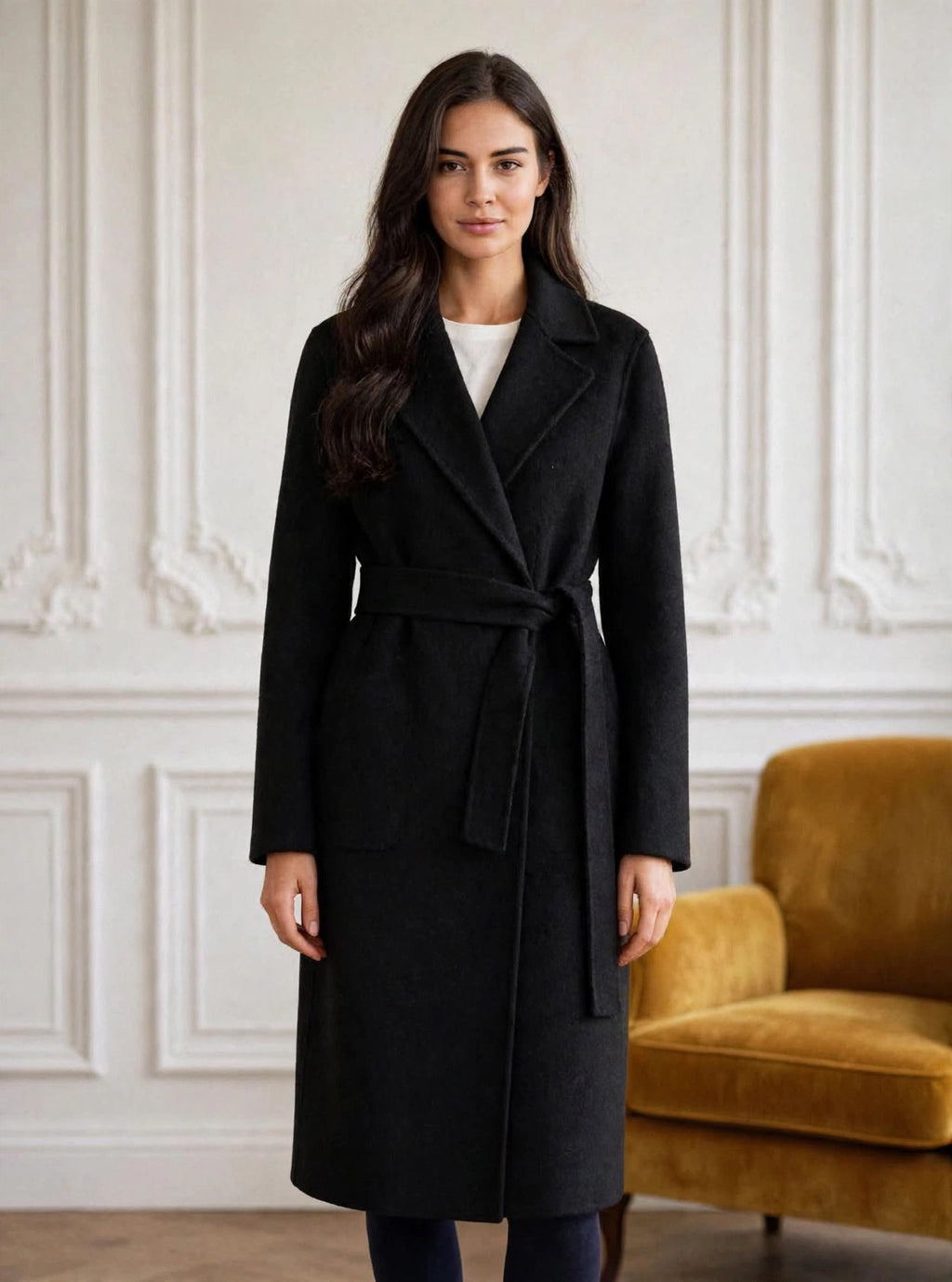 Black wrap coat with belt