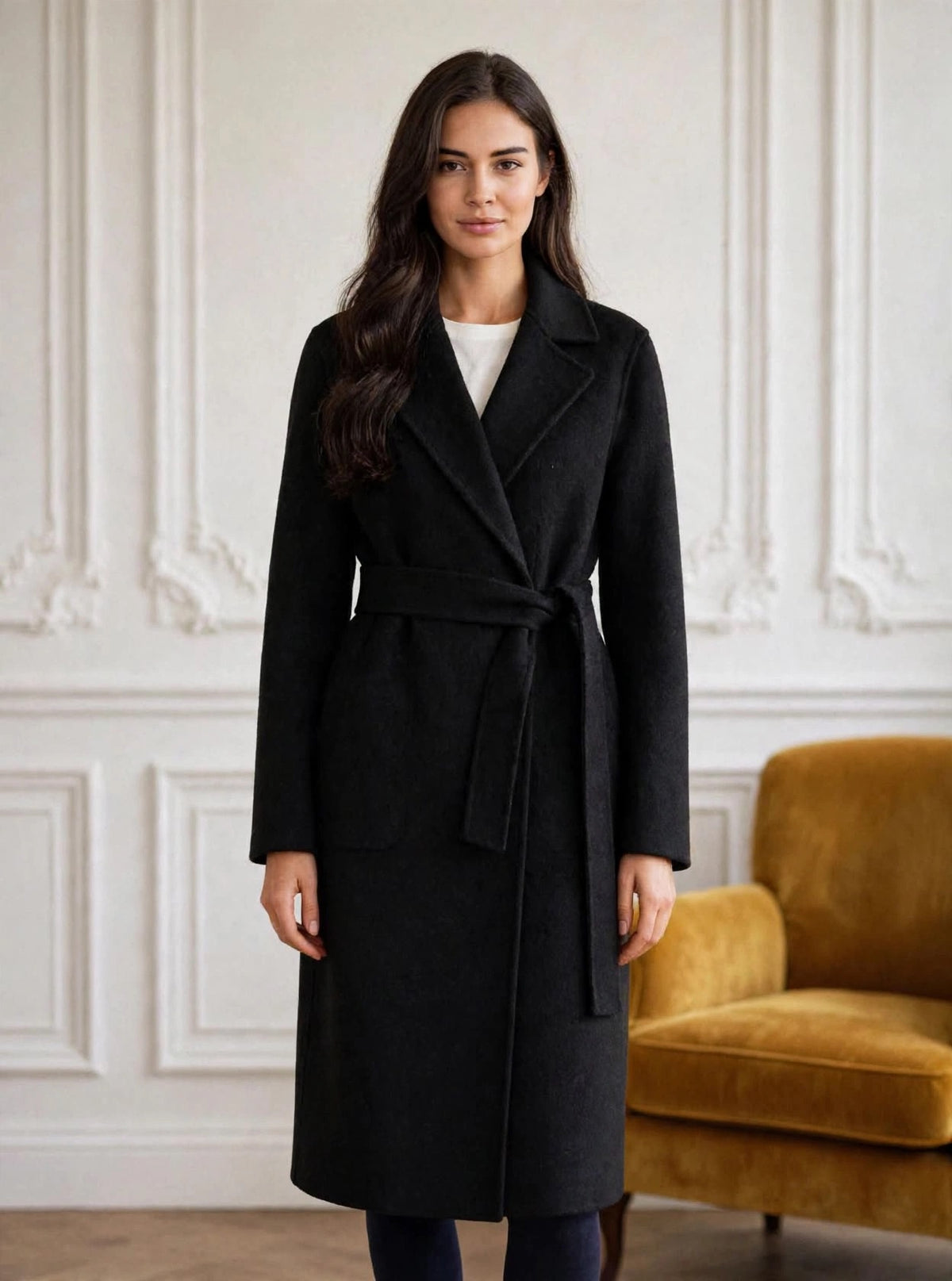Black wrap coat with belt