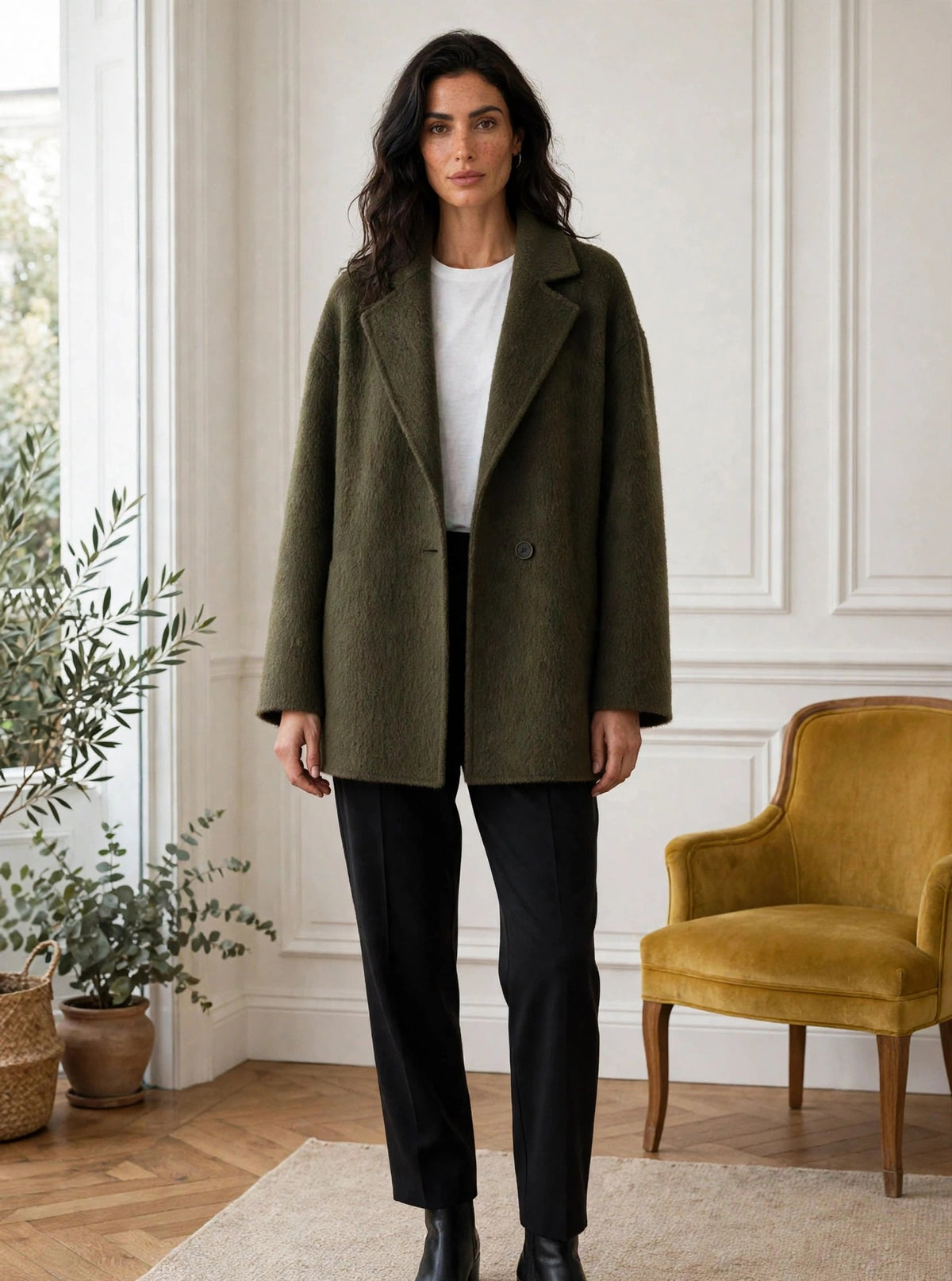 Olive short green wrap coat with belt