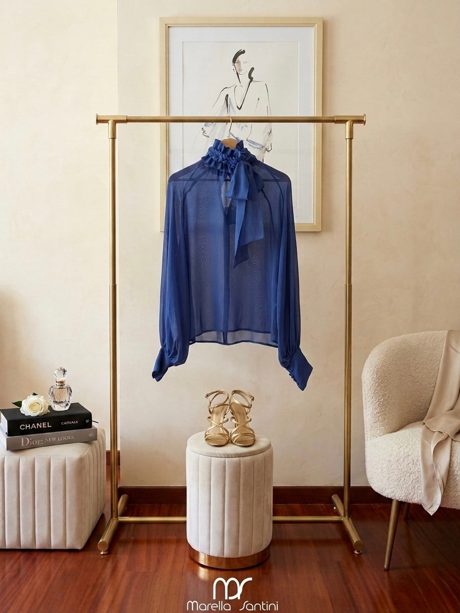 MSCM-VIII Silk blouse with tailored braided neckline